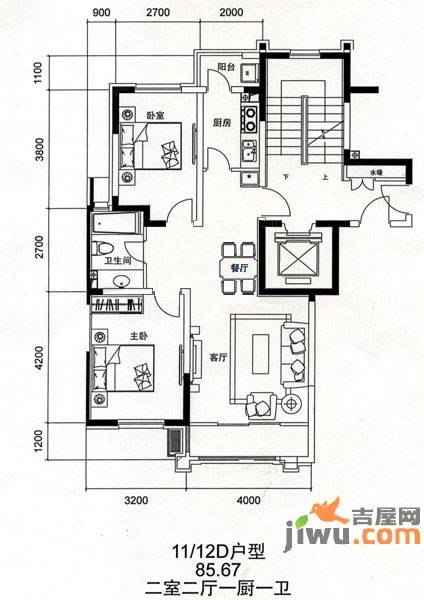 金色和园2室2厅1卫85.7㎡户型图