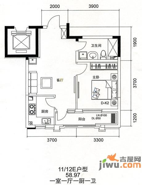 金色和园1室1厅1卫59㎡户型图