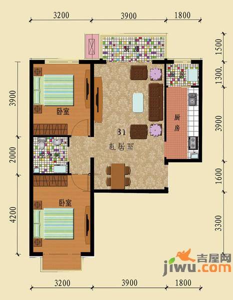 盛世华庭2室2厅1卫91㎡户型图