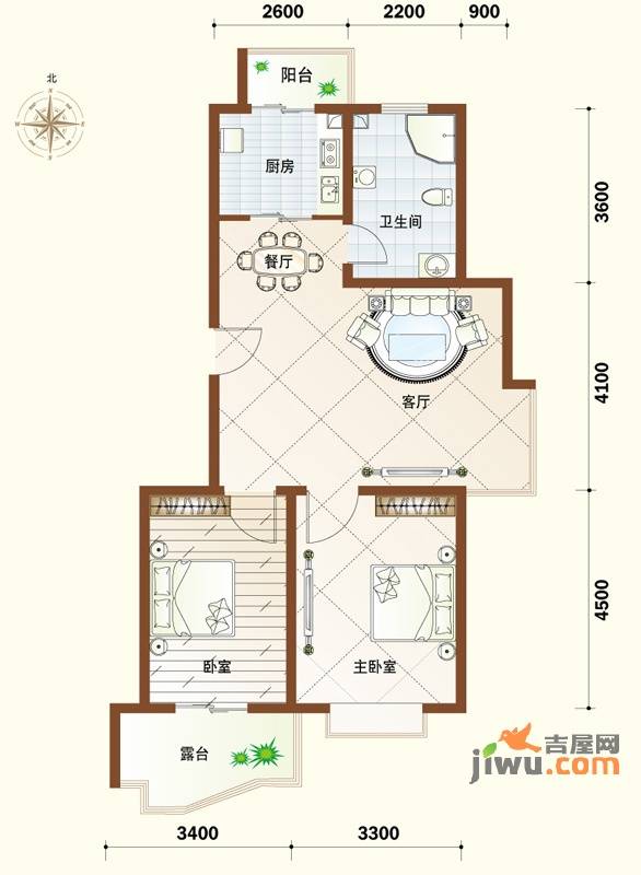 恒通花园2室2厅1卫98.7㎡户型图