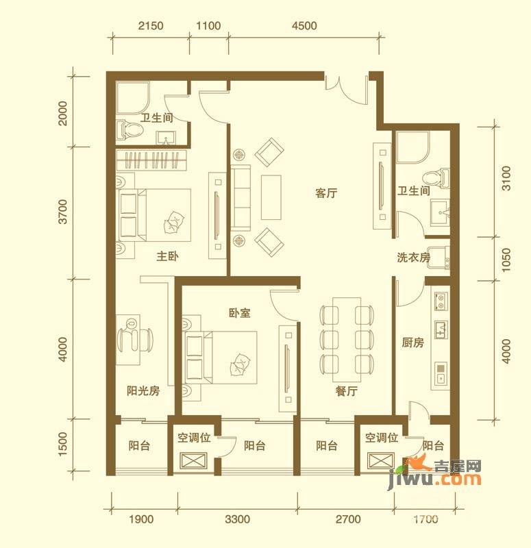 天一紫御庄园2室2厅2卫124.3㎡户型图