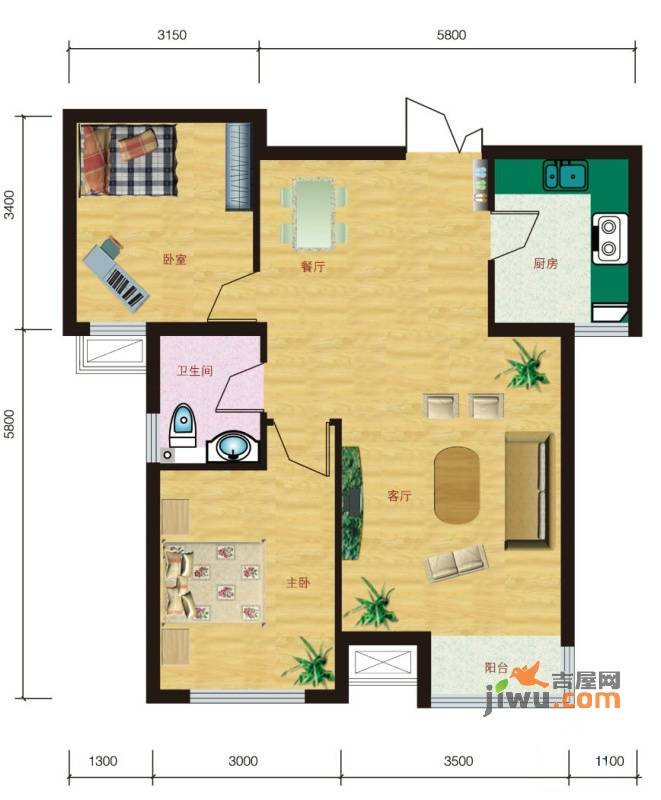 福润春城2室2厅1卫86.7㎡户型图