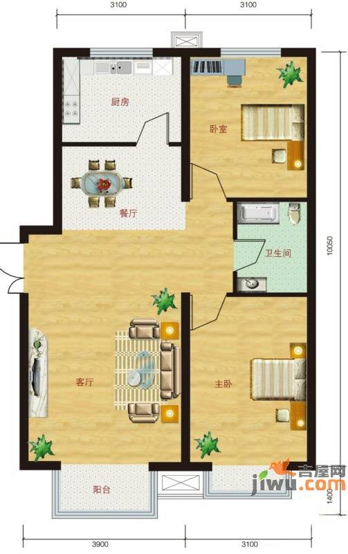 福润春城2室2厅1卫95.2㎡户型图