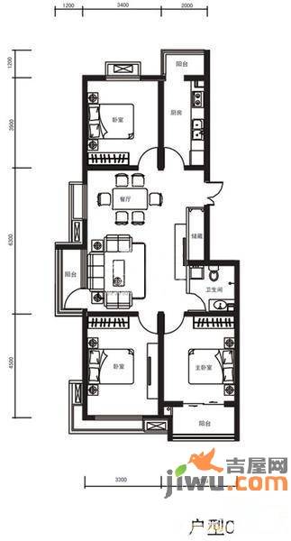 鼎旺国际社区3室1厅1卫86㎡户型图