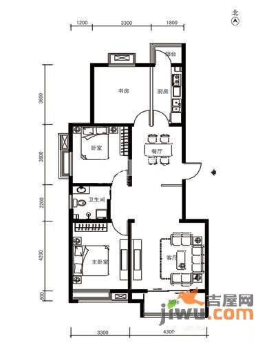 鼎旺国际社区3室2厅1卫122.8㎡户型图