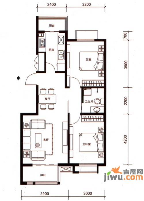 鼎旺国际社区2室2厅1卫90㎡户型图