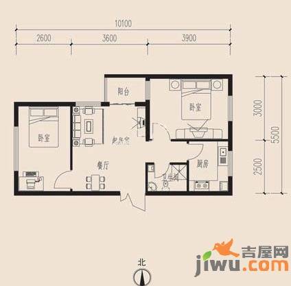 金港国际怡园2室1厅1卫62.5㎡户型图