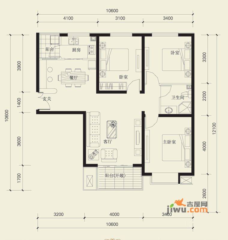 华岩壹品华府3室2厅1卫102㎡户型图