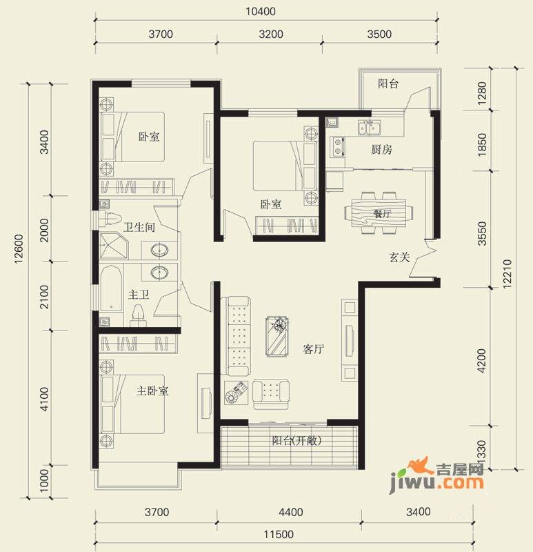 华岩壹品华府3室2厅2卫122㎡户型图