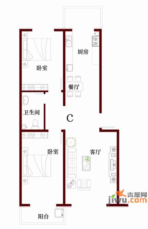 华都圣地2室2厅1卫88.1㎡户型图