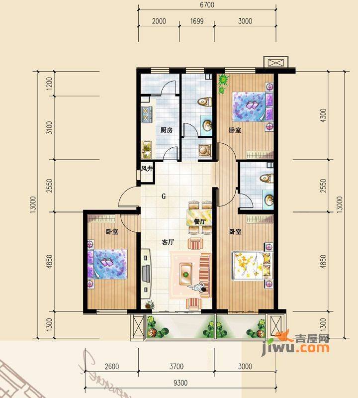 和谐家园3室2厅2卫131.8㎡户型图