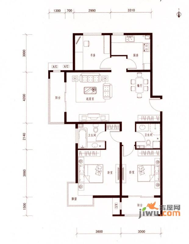 荣川沁园3室2厅2卫133.6㎡户型图
