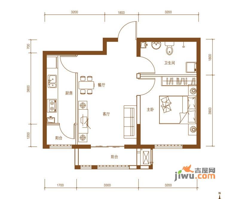 浭阳新城1室2厅1卫户型图