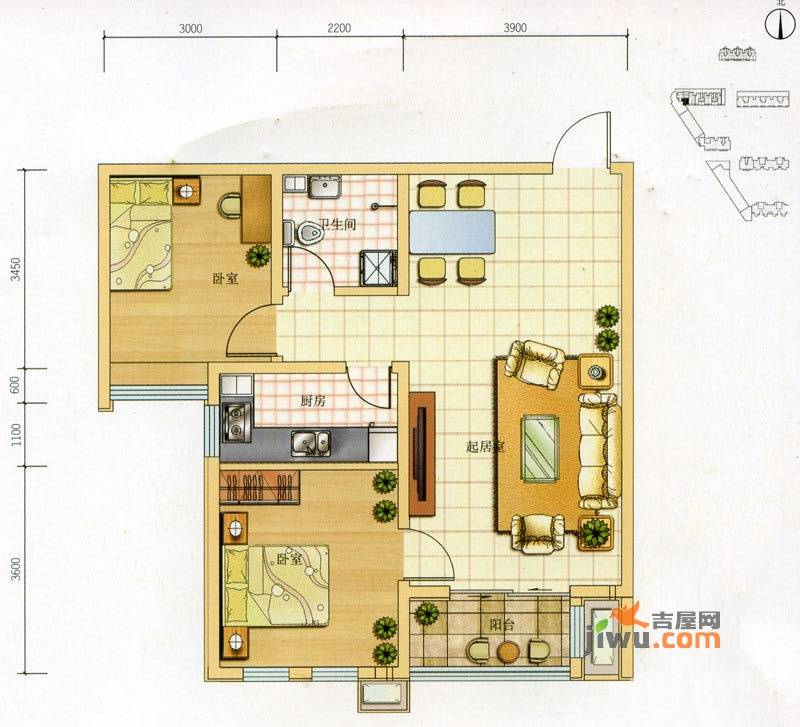 六合轩府2室2厅1卫92㎡户型图