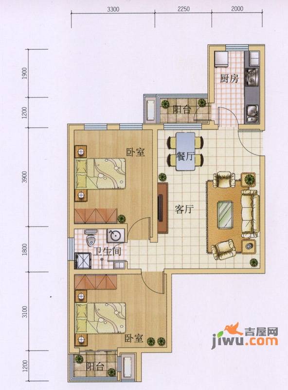 六合轩府2室2厅1卫85㎡户型图