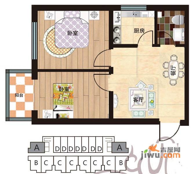 凤凰春城2室2厅1卫55㎡户型图