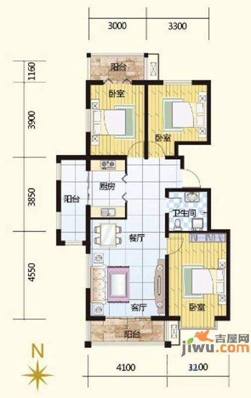 紫林庄园3室2厅1卫118.3㎡户型图