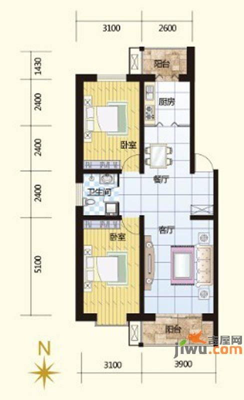 紫林庄园2室2厅1卫103.4㎡户型图