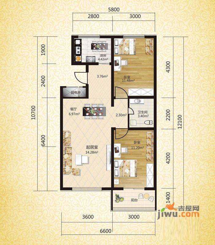 七星印象2室1厅1卫89㎡户型图