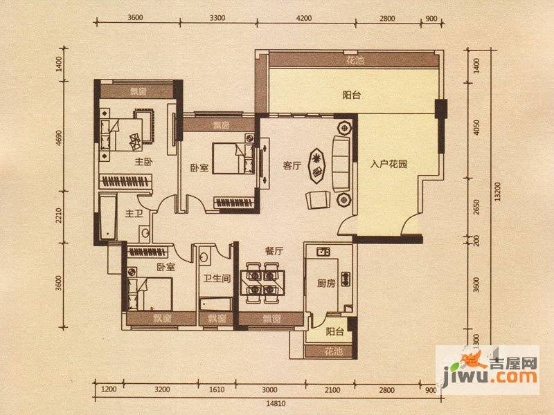 东城四季2室2厅2卫129㎡户型图