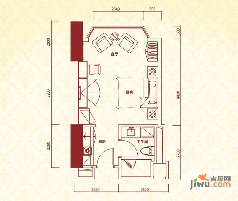 皇爵国际公馆1室1厅1卫42.2㎡户型图