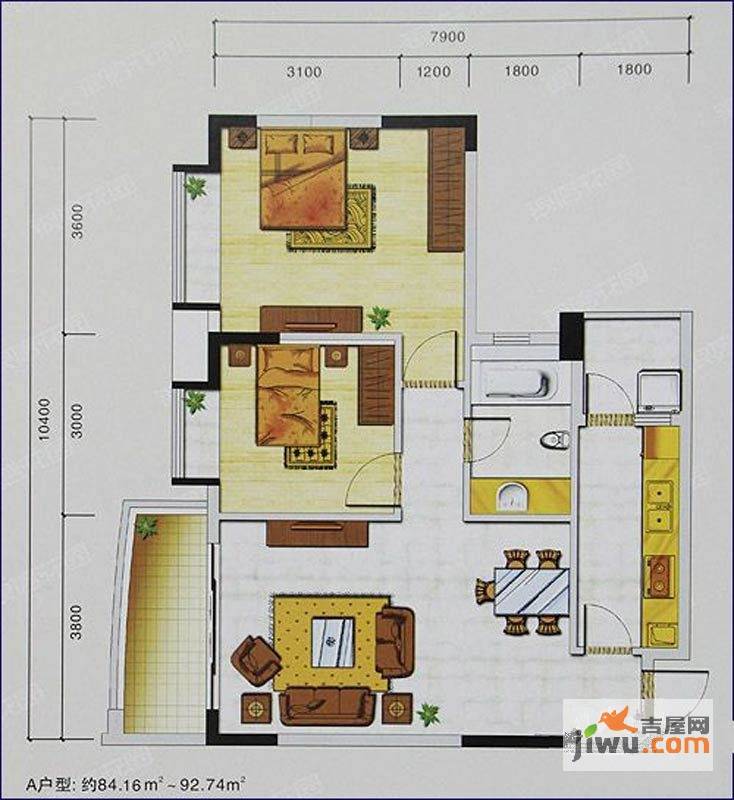 银信花园2室2厅2卫84.2㎡户型图