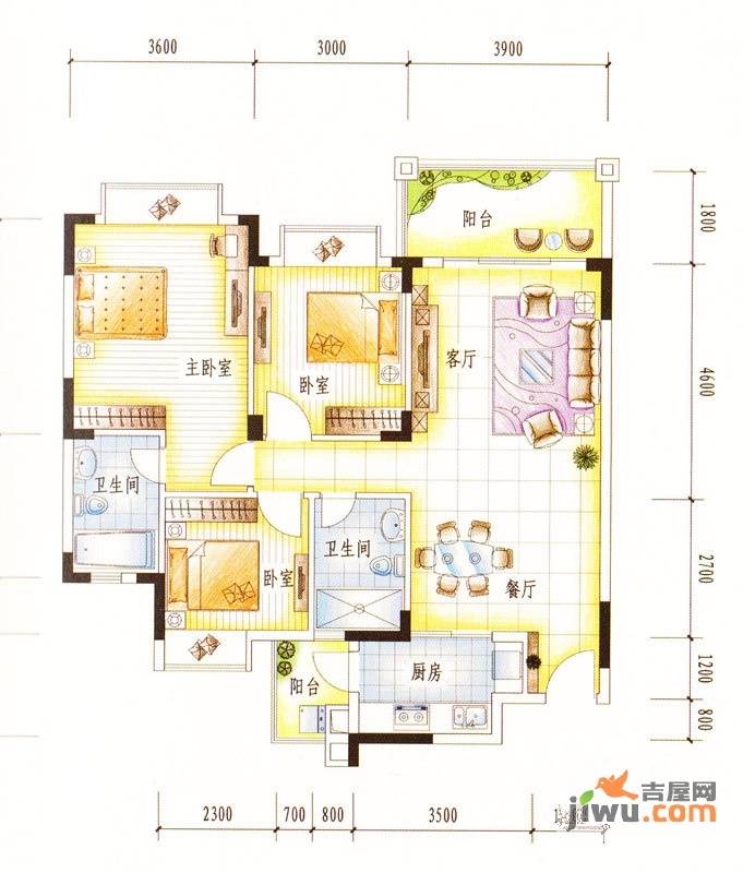 大信芊翠家园3室2厅2卫107.4㎡户型图