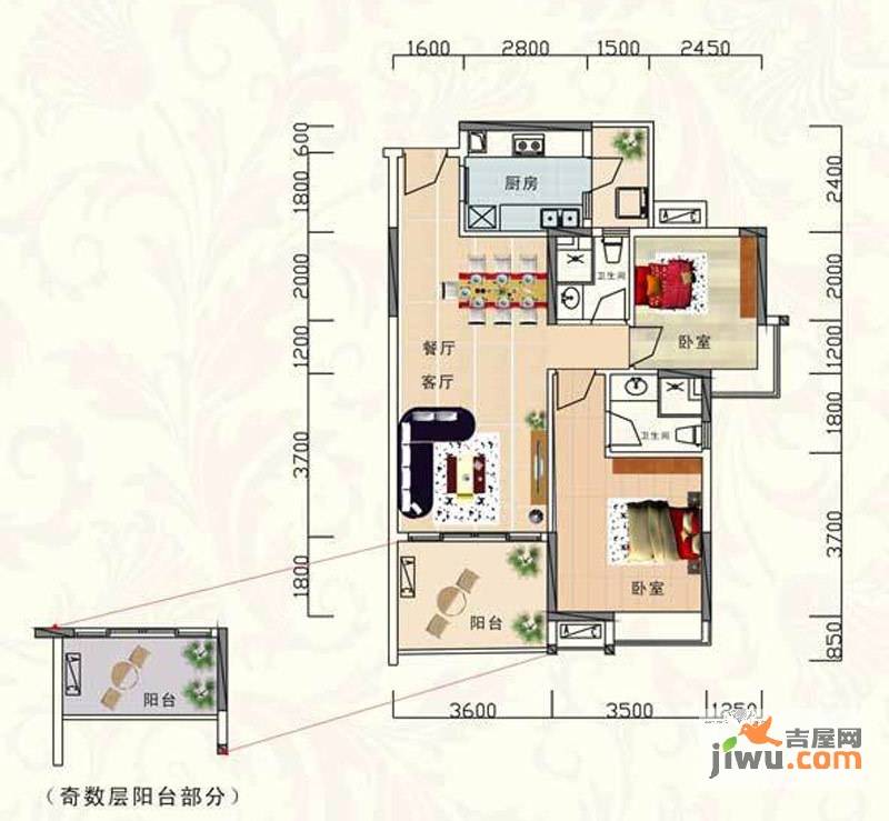 城市花园 莲兴阁2室2厅2卫89㎡户型图