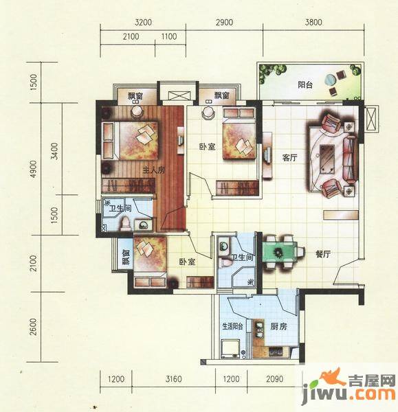 神州华府3室2厅2卫89.3㎡户型图