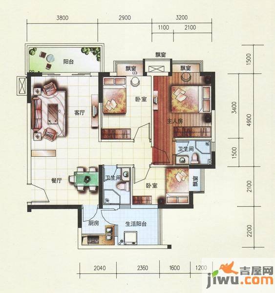 神州华府3室2厅2卫89.3㎡户型图