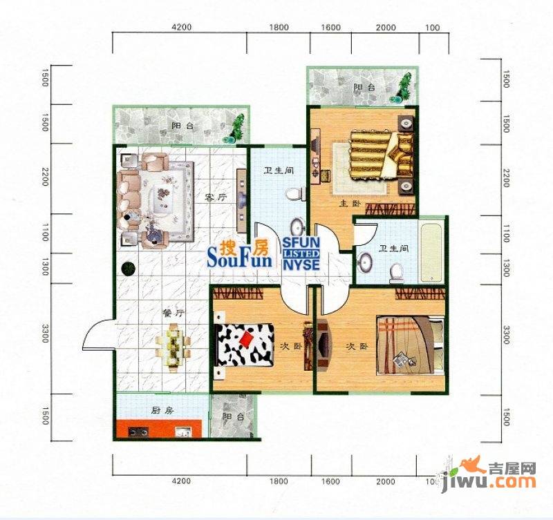 康馨里居3室2厅2卫106.7㎡户型图