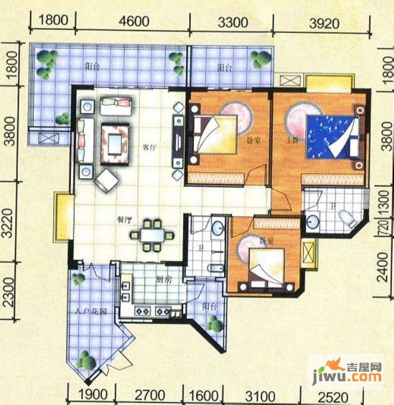 坤龙绿源雅居3室2厅2卫138.8㎡户型图