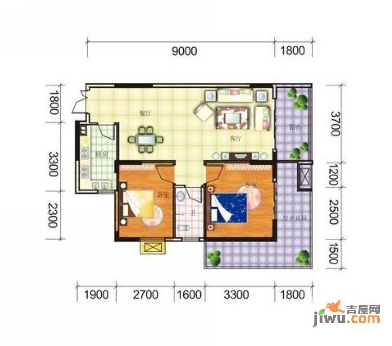 坤龙绿源雅居2室2厅1卫90.6㎡户型图