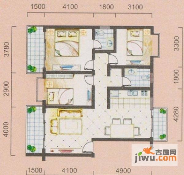 金禾苑阳光城3室2厅2卫106.7㎡户型图