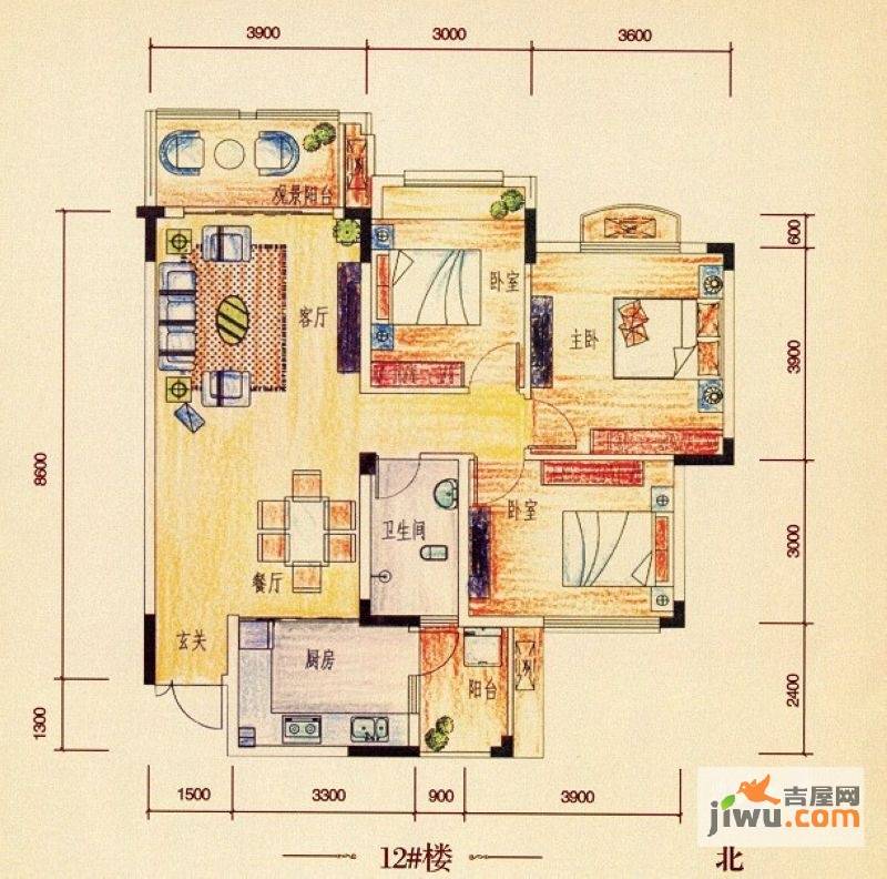 彰泰兰乔圣菲3室2厅1卫99.1㎡户型图