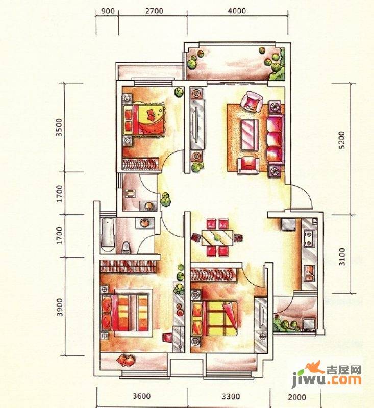 联达山与城3室2厅2卫95.2㎡户型图