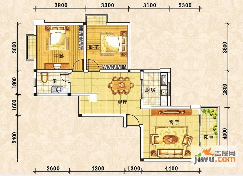 水岸新城2室2厅1卫90.6㎡户型图