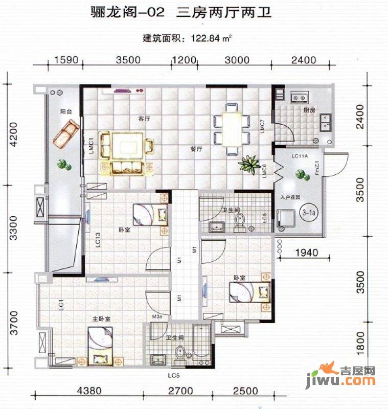 大龙西城新天地3室2厅2卫122.8㎡户型图