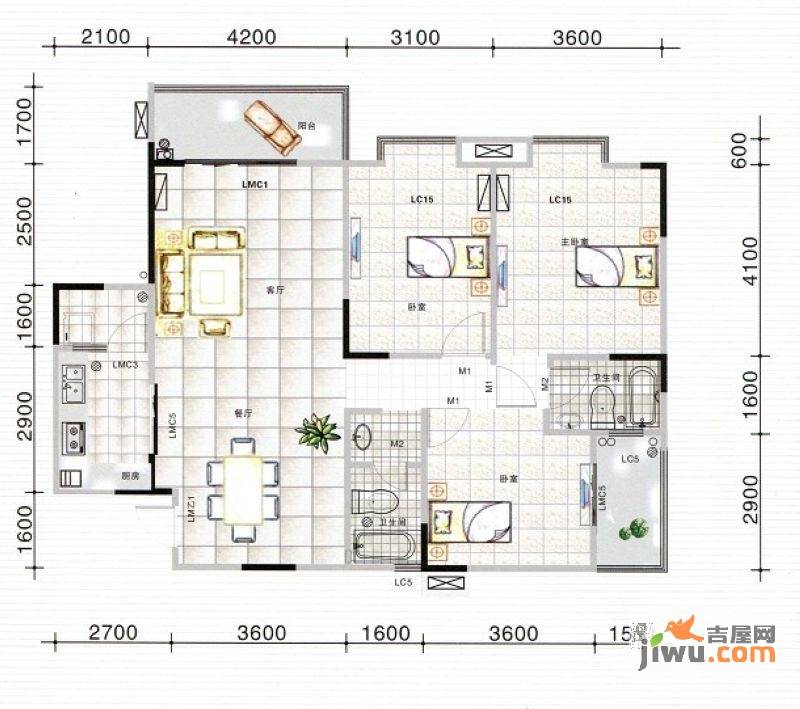 大龙西城新天地3室2厅2卫123.9㎡户型图