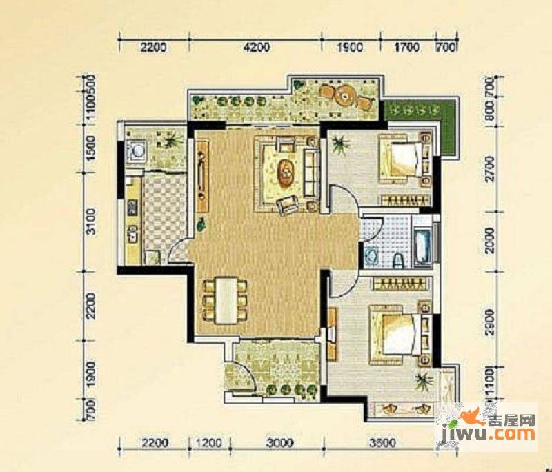 润鸿水尚2室2厅1卫87.7㎡户型图