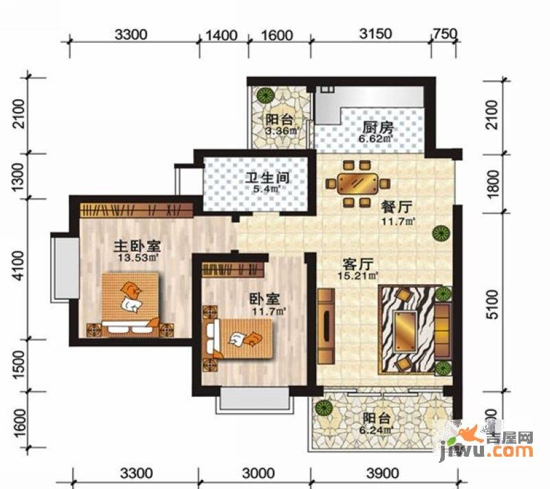 安厦尚城风景2室2厅1卫83.9㎡户型图