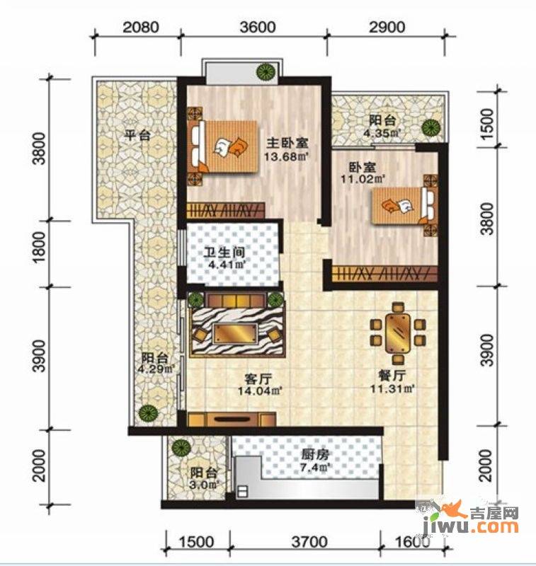 安厦尚城风景2室2厅1卫89.9㎡户型图