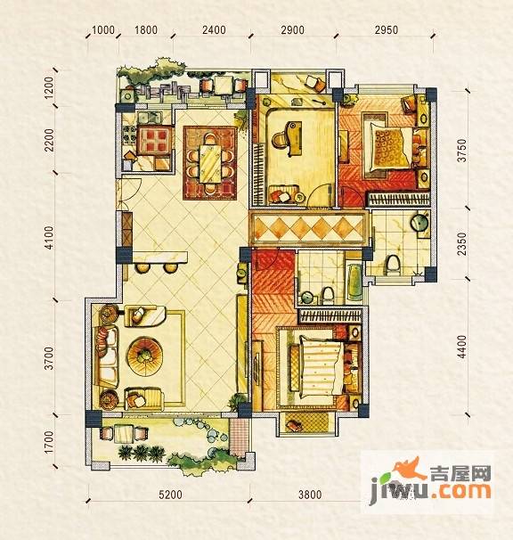 桂林奥林匹克花园3室2厅2卫128㎡户型图