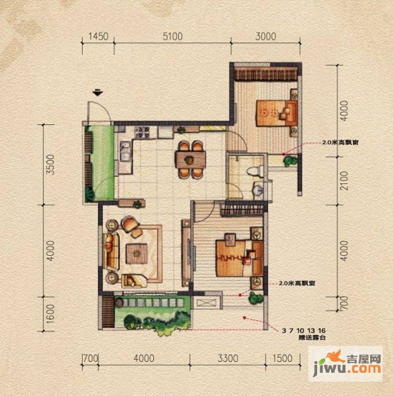 桂林奥林匹克花园2室2厅1卫83㎡户型图