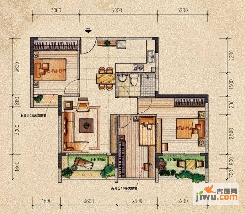 桂林奥林匹克花园3室2厅1卫93㎡户型图