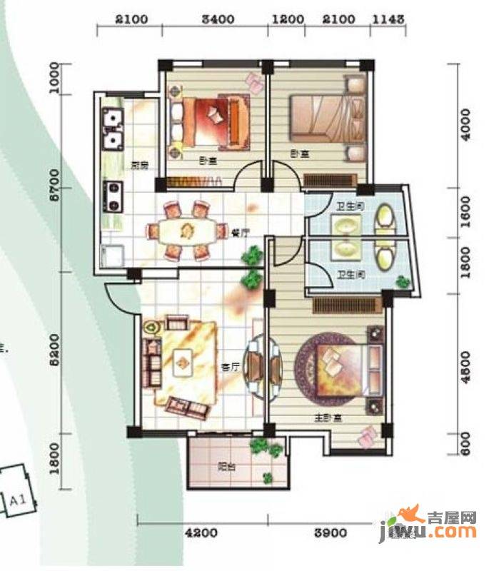 碧园印象桂林3室2厅2卫120㎡户型图