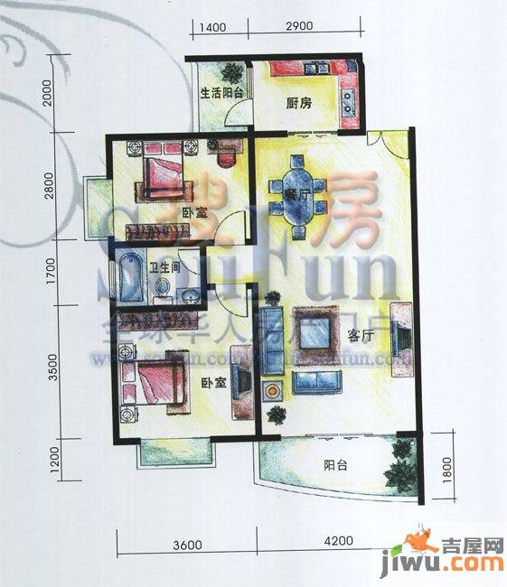 鑫灿爱琴湾畔2室2厅1卫80.9㎡户型图