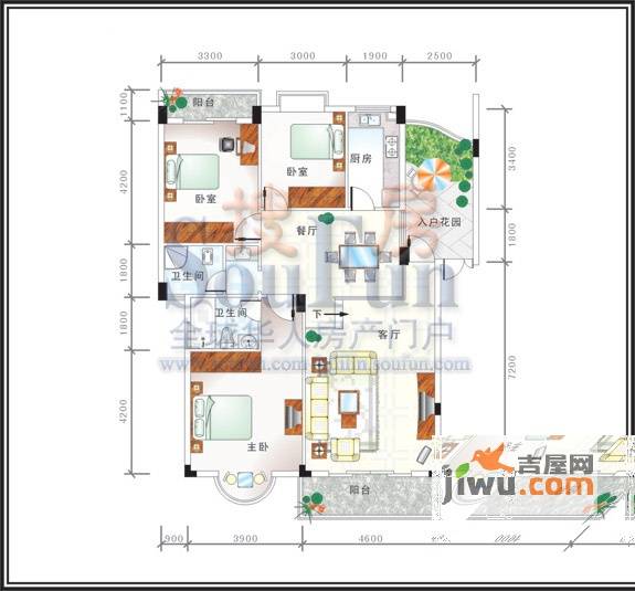 碧水康城3室2厅2卫126.1㎡户型图