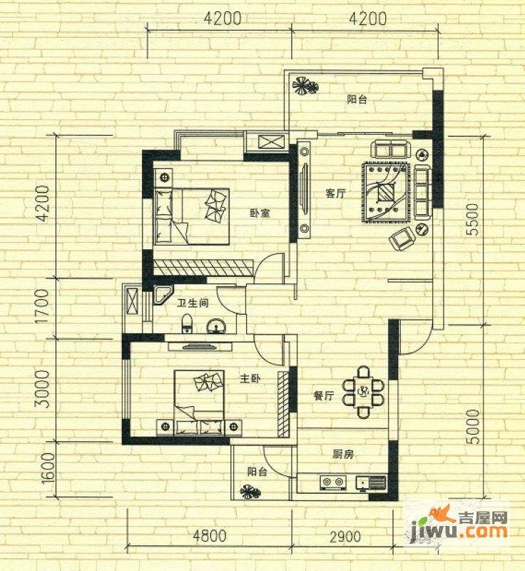 袭汇果岭春天2室2厅1卫88㎡户型图