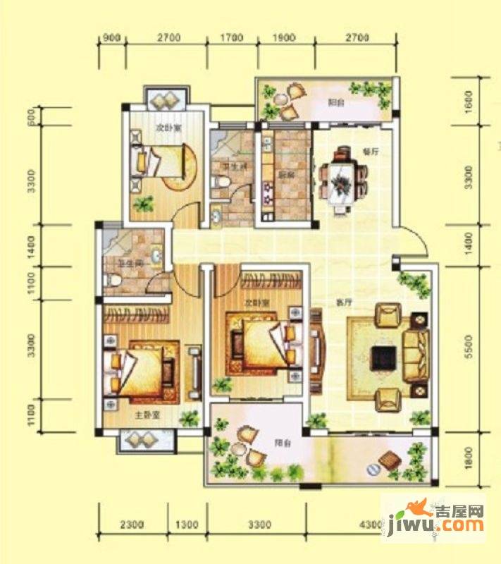 广源国际社区3室2厅2卫127.4㎡户型图